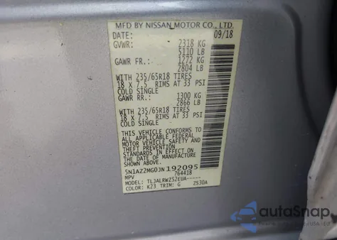 2018 Nissan Murano Sl z USA, uszkodzony, nr VIN 5N1AZ2MG0JN192095